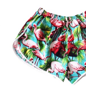 Green Retro Flamingo Print Pom Pom Shorts image 9