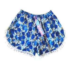 Blue Rose Print Pom Pom Shorts