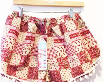 Burgundy Floral Patchwork Print Pom Pom Shorts