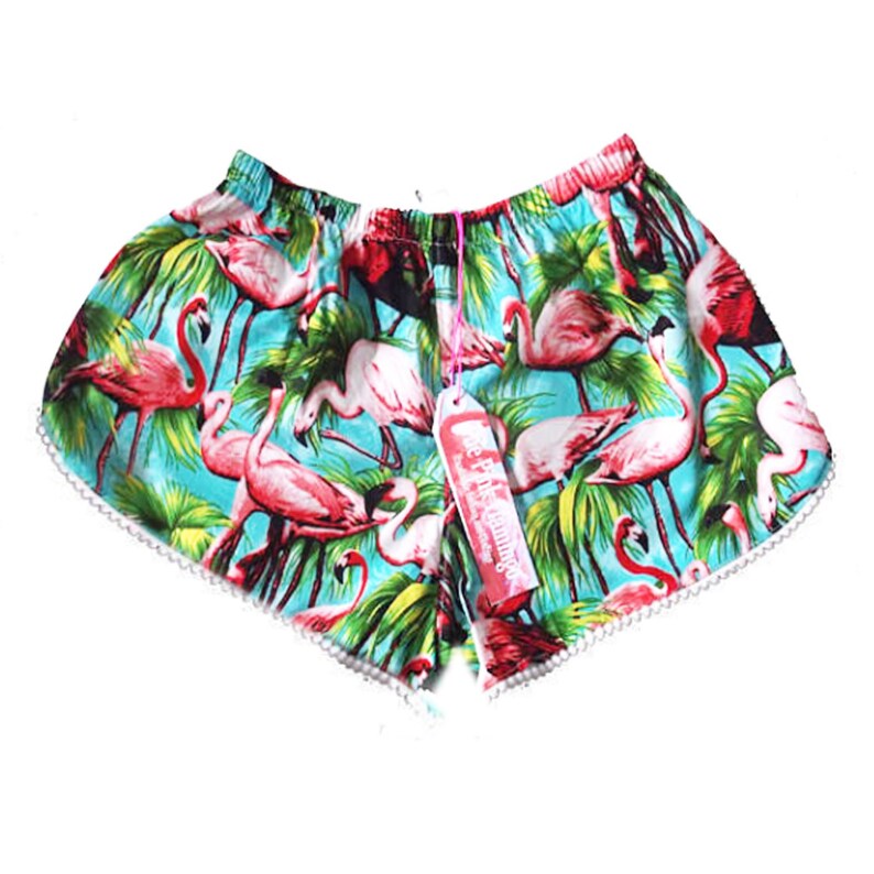 Green Retro Flamingo Print Pom Pom Shorts image 7