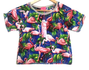 T-shirt bleu royal à manches raglan et imprimé flamants roses