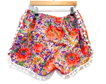 Orange and Purple vintage Floral Print Pom Pom Shorts