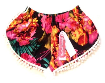 Black and Bright Tropical Print Pom Pom shorts