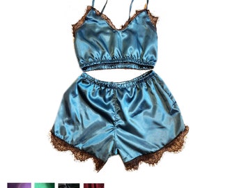 Eyelash Trim Satin Bralet and Shorts Set