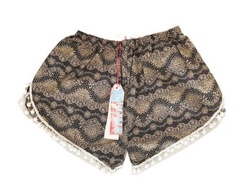 Black Lace Print Pom Pom Trim Shorts