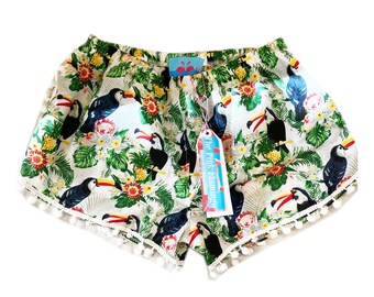 Tropical Toucan Print Pom Pom Shorts