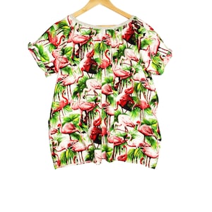 White and Green Retro Flamingo Print Oversized Tee Dress