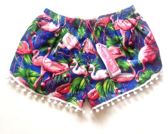 Royal Blue Retro Flamingo Print Pom Pom Shorts