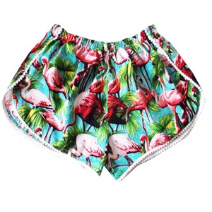 Green Retro Flamingo Print Pom Pom Shorts image 10