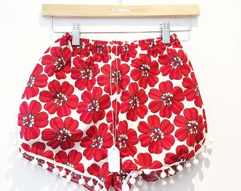 Red Retro Floral Print Pom Pom Shorts