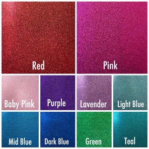 May include: A color chart with 10 different glitter colors: red, pink, baby pink, purple, lavender, light blue, mid blue, dark blue, green, and teal.