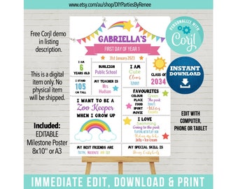 DIGITAL - EDITABLE - Milestone Poster - Rainbow - Back To School - First Day - Year 1 - Immediate Edit, Download & Print