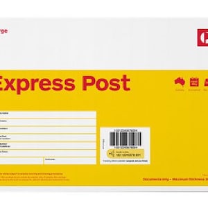 May include: A yellow and white Express Post envelope with a barcode and a space for the recipient's address. The envelope is labelled "Large" and has the Australia Post logo.