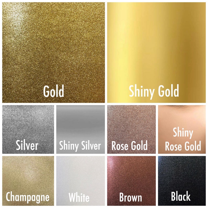 May include: A color chart showing different metallic finishes, including gold, shiny gold, silver, shiny silver, rose gold, shiny rose gold, champagne, white, brown, and black.