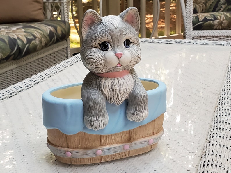 handpainted cat planter grey cat Adorable Kitten Container OOAK ceramic