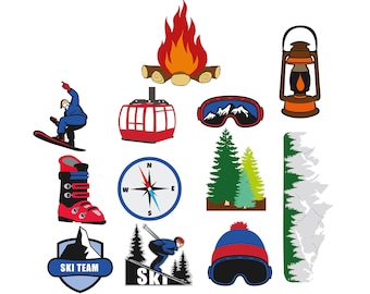 May include: A set of colorful illustrations depicting winter sports and activities, including a skier, a ski lift, a compass, a campfire, a lantern, ski goggles, a ski boot, a mountain range, a ski team logo, and a skier on a slope.
