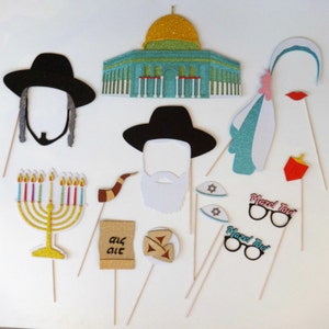 Jewish Photo Booth Props  Mazal Tov  Chai life  Menorah Beard Hat Torah Yarmulke small Dreidel
