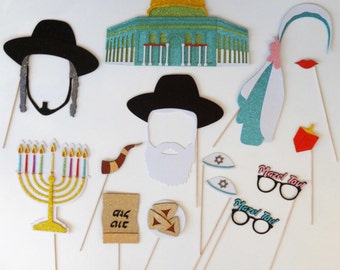 Jewish Photo Booth Props  Mazal Tov  Chai life  Menorah Beard Hat Torah Yarmulke small Dreidel