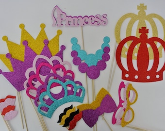 24 pc Princess Photo Booth Mustache on a stick Mommy and me Princess party Tiara Crown Lips Princess sign vintage glasses