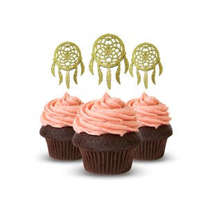 Dream Cather Indian Cupcake Topper 12 sztuk w opakowaniu Dekoracja na wierzch babeczki Tort Brokatowy karton Złoty