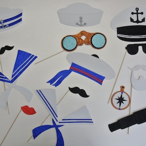 Nautical Photo Booth Props Sailor Hats - Sea Ocean them Photo Booth Props Binoculars Telescope sailor dress mustaches on a stick Maritime