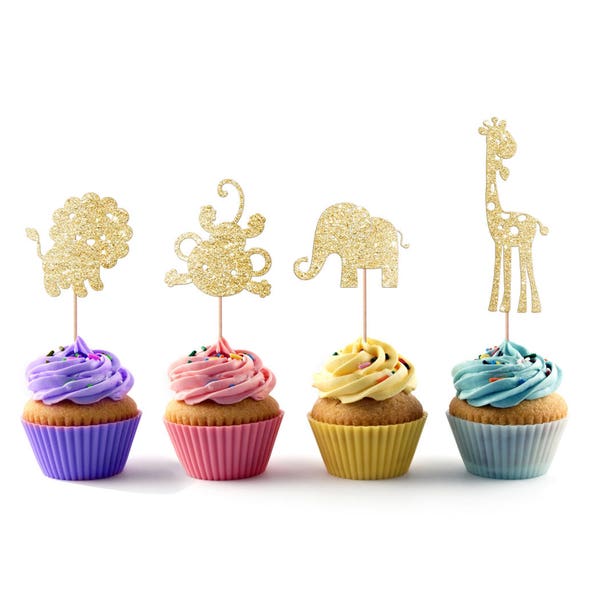 Safari Giraffe Monkey Elephant Lion 4 of each  Cupcake decoration topper GOLD Glitter cardstock 12 pc 3 X 3 inch approx