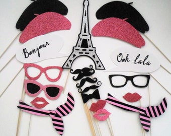 Parisian Inspired Wedding Photo booth props berets glasses eiffel tower Birthday props france parisian photo booth party props mustache