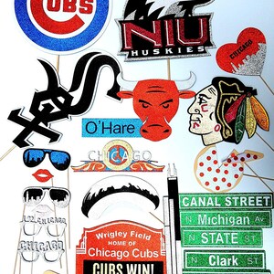 Chicago Photo Booth Props The windy City Route 66 Chicago Bulls I love Chicago Glasses  Heart I love , Pizza O,hare airport iconic chicago