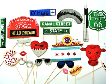 Chicago Photo Booth Props The windy City Route 66 Chicago Bulls  Chicago Glasses Heart I love Pizza O,hare airport iconic cup cake toppers