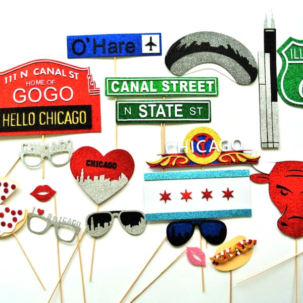 Chicago Photo Booth Props The windy City Route 66 Chicago Bulls  Chicago Glasses Heart I love Pizza O,hare airport iconic cup cake toppers
