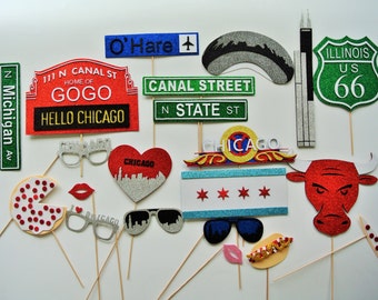 Chicago Photo Booth Props The windy City Route 66 Chicago Bulls I love Chicago Glasses  Heart I love , Pizza O,hare airport iconic chicago