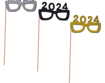 2024 New year photo booth glasses celebration party 2024 photo booth props 3 glasses party Silver Black and gold.