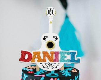 Coco Theme Party Day of the Dead Fiesta Mexicana Glitter Cake Topper dekoracja gitara biały Coco theme party spersonalizowany topper na tort