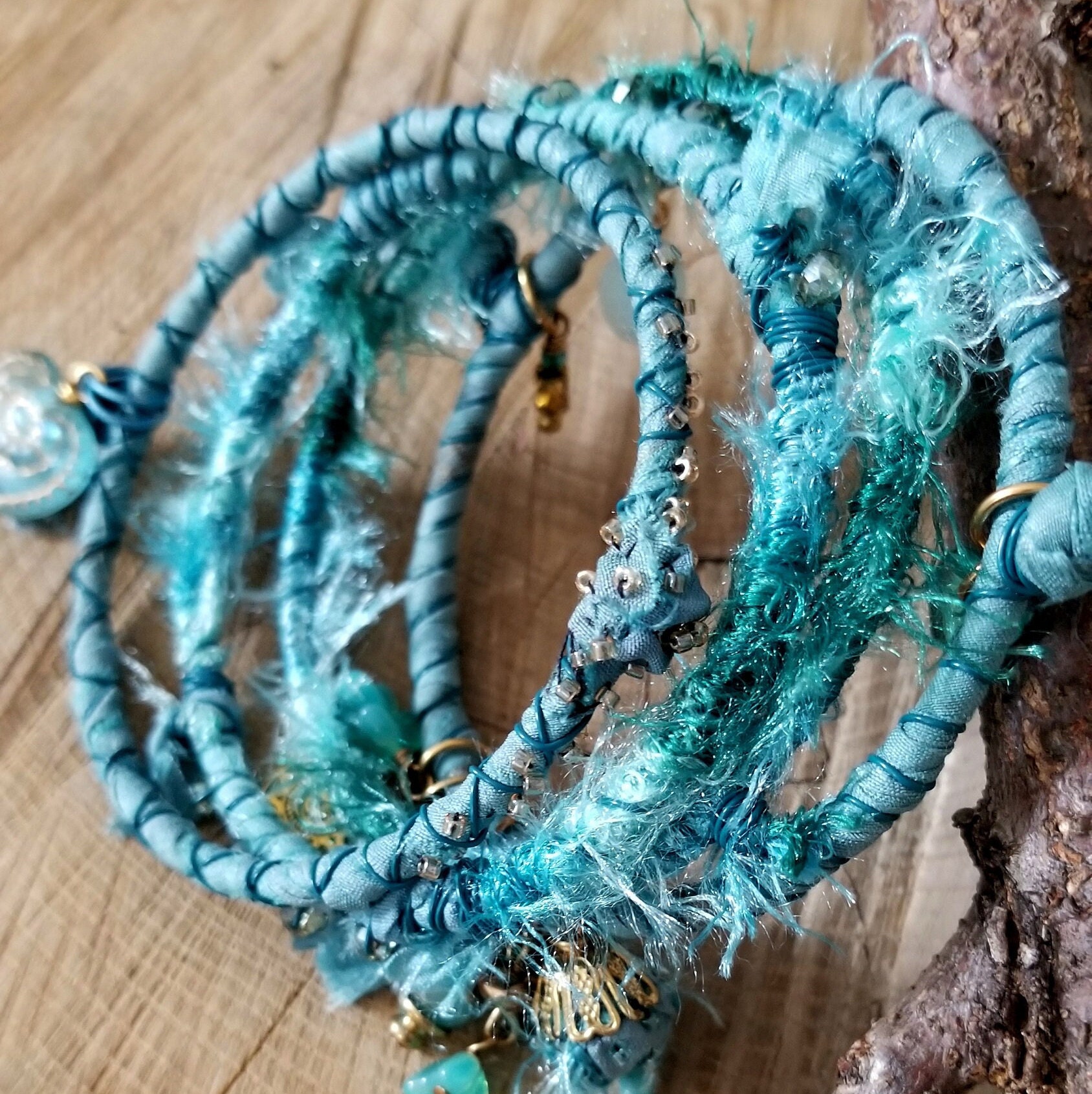 Sari Silk Ribbon Hoop Tassel Silver Plated Statement Earrings - Upcycled Boho Fabric Gift for Her Turquoise