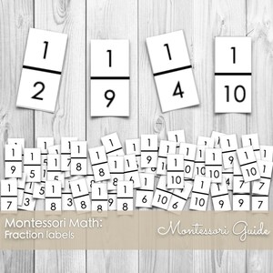 May include: A set of Montessori fraction cards with black lines and white numbers. The cards show fractions like 1/2, 1/4, 1/9, and 1/10. Montessori Math: Fraction labels. Montessori Guide.