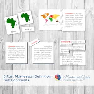 CONTINENTES Conjunto completo de definiciones Montessori de 5 partes