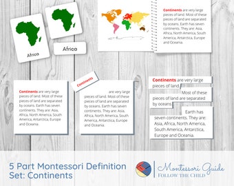 CONTINENTS Full 5 part Montessori Definition Set