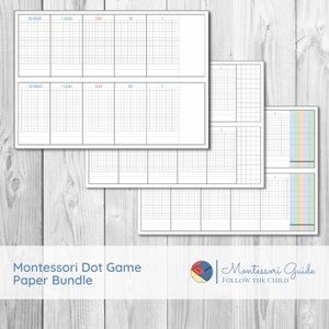 May include: Three sheets of Montessori dot game paper, each divided into five sections with different place values: 10,000, 1,000, 100, 10, and 1. The sheets are printed with a grid of small squares.