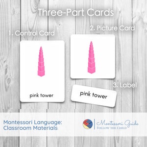May include: Three-part cards for learning about the pink tower. The control card shows a pink tower, the picture card shows a pink tower, and the label card says "pink tower".
