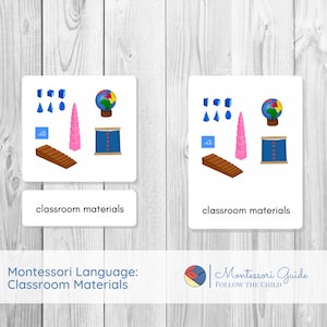 May include: Two Montessori classroom material cards with images of a globe, a pink tower, a blue cylinder block, a set of blue cubes, a set of blue triangles, a set of blue drops, a brown ramp, and a blue letter 'a'. The text 'classroom materials' is printed on each card.