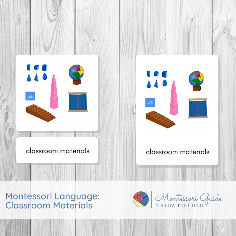 May include: Two Montessori classroom material cards with images of a globe, a pink tower, a blue cylinder block, a set of blue cubes, a set of blue triangles, a set of blue drops, a brown ramp, and a blue letter 'a'. The text 'classroom materials' is printed on each card.