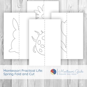 Könnte beinhalten: Weiße Papierbögen mit Umrissen von Frühlingsthemen: ein Hase, ein Marienkäfer, eine Blume und eine Tulpe, jeweils durch eine gestrichelte Linie geteilt. Der Text "Montessori Practical Life: Spring Fold and Cut" befindet sich unten.