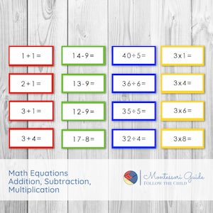 Peut inclure: Une feuille de travail colorée avec des équations mathématiques pour l'addition, la soustraction et la multiplication. Les équations sont organisées en trois colonnes avec des cases rouges, vertes et bleues. La feuille de travail est intitulée "Équations mathématiques Addition, Soustraction, Multiplication".