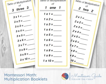 May include: Three multiplication flashcards with yellow borders display multiplication tables for 1, 2, and 3. Each card has a title and a series of equations with blank spaces for answers. The text "Montessori Math: Multiplication Booklets" is at the bottom.