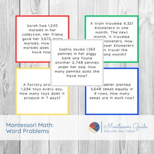 以下が含まれることがあります： モンテッソーリ算数用のカラフルな言葉の問題カードのセット。カードには、ビー玉、ペニー、おもちゃ、種子を含むさまざまなシナリオが描かれています。各カードには、解くべき問題があります。