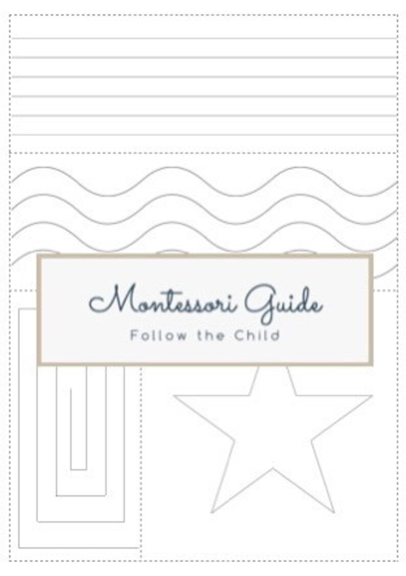 May include: A black and white printable worksheet with a Montessori Guide logo and the text "Follow the Child". The worksheet features a star, wavy lines, and a series of vertical lines.