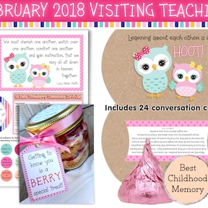 Pode incluir: Um conjunto de materiais de ensino de visitas imprimíveis com um design de coruja rosa e azul. O conjunto inclui 24 círculos de conversa, uma etiqueta de presente, imprimíveis para frascos de pedreiro e uma citação sobre o apreço mútuo. A citação é atribuída a Lucy Mack Smith. O conjunto é baseado na ideia do ensino de visitas e inclui a frase "Aprender sobre os outros é um HOOT!"