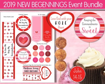 2019 Young Women New Beginnings Event Bundle, Printable Labels, Cupcake Toppers, Water Bottle, Circles, If ye love me keep my commandments