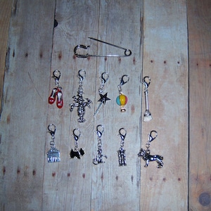 May include: A set of 11 silver-toned metal charms with various designs, including a pair of red shoes, a scarecrow, a star, a hot air balloon, a broom, a house, a dog, a key, a clock, a horse, and a safety pin.
