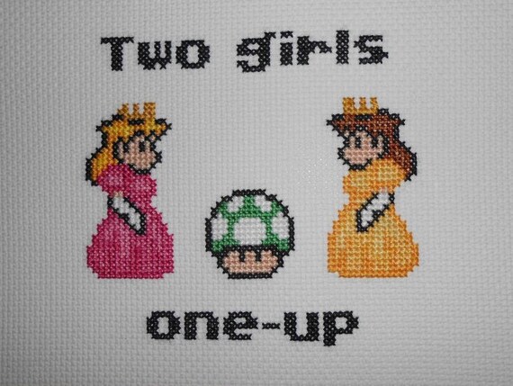 Two Girls One-up Cross Stitch Pattern // 2 Girls 1 Cup Super Mario Mash-up  // Digital Download // X-stitch PDF // Princess Peach and Daisy 